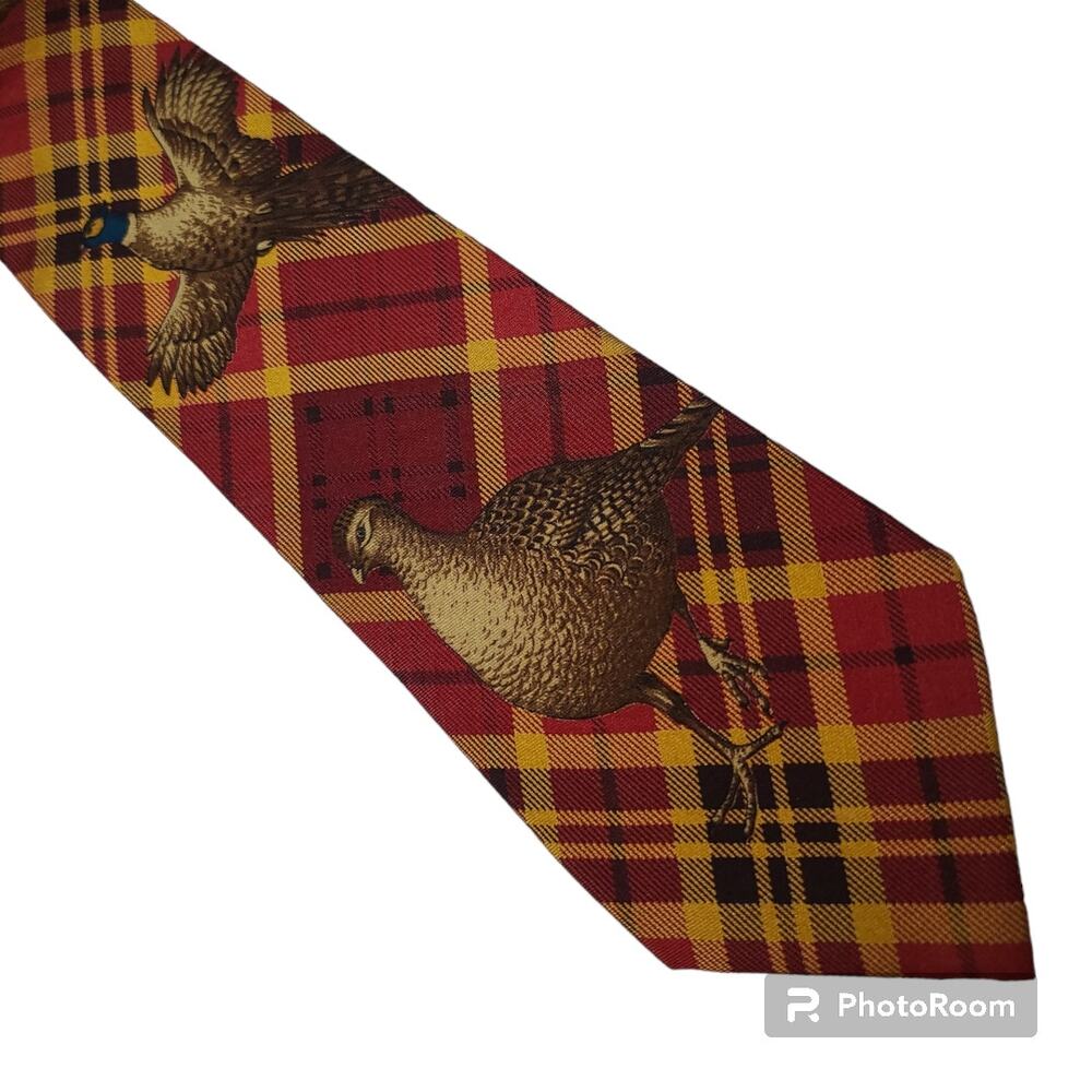Nautica red yellow plaid pheasant bird silk tie